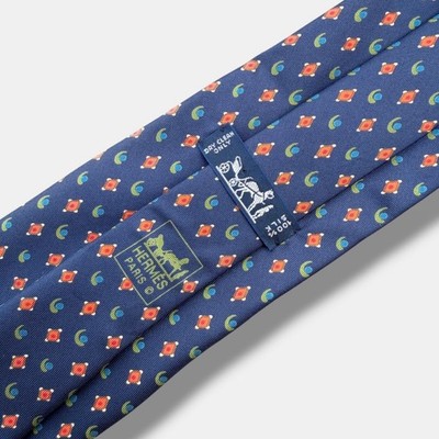 Hermes Silk Tie Mens Navy Blue Geometric Crescent Square Print 7985 EA France