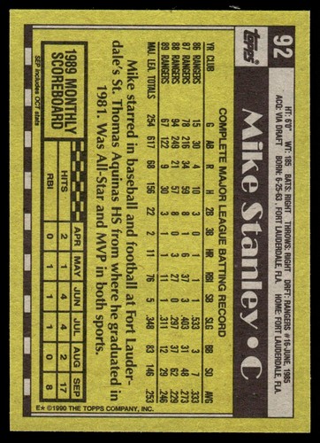 1990 Topps Mike Stanley Texas Rangers #92 - Picture 2 of 2