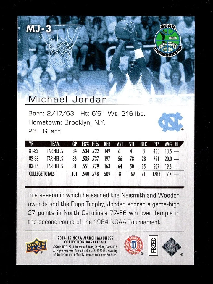 2014-15 UPPER DECK MARCH MADNESS MJ3 MICHAEL JORDAN NORTH CAROLINA UNC - Image 2 of 2