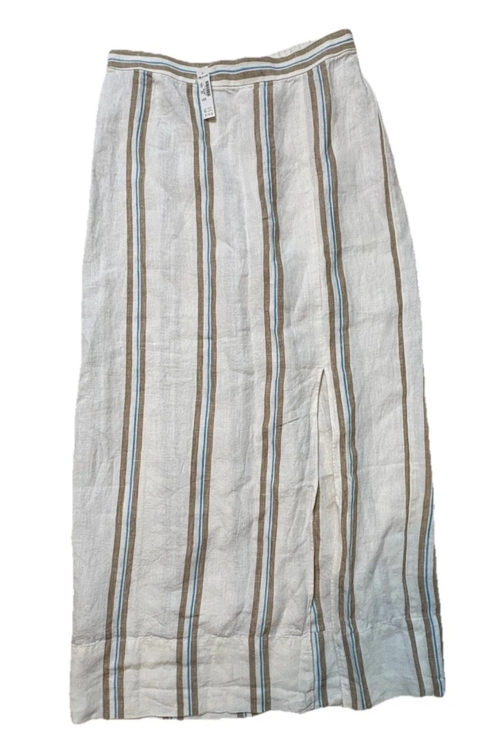 NWT Madewell Column Maxi Skirt Size Small Cream Olive Surplus Striped Linen Slit