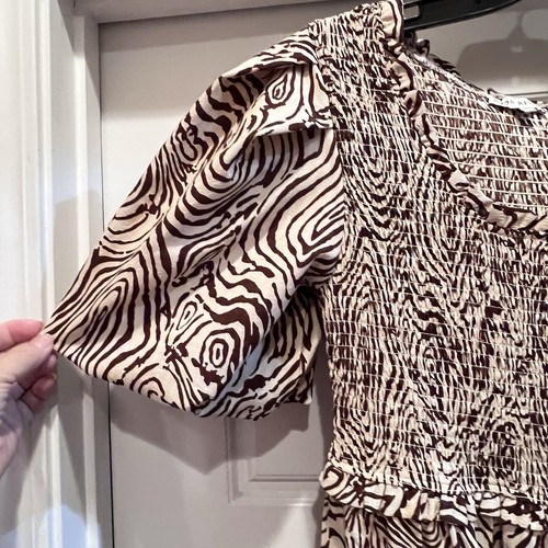 Moon River Dress Small Smocked Midi Puff Sleeve Ruffle Tuckernuck Brown Swirl - Picture 3 of 7