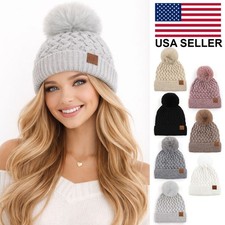 C.C Women Soft Classic Woven Cable Stitch Cuff Beanie with Soft Color Fur Pom
