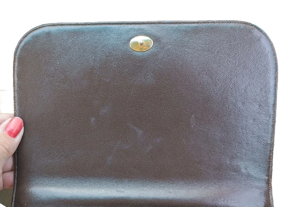 Vtg Acrylic Faux Bamboo Handle Ostrich GRETA hand bag purse Flap 3 Section Brown - Imagem 4 de 4