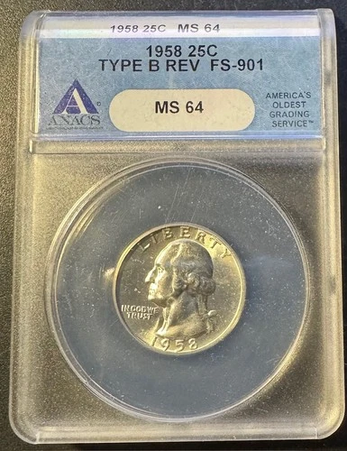 1958 , Washington Quarter , Type B Reverse , FS-901 , Proof ,  ANACS , MS 64