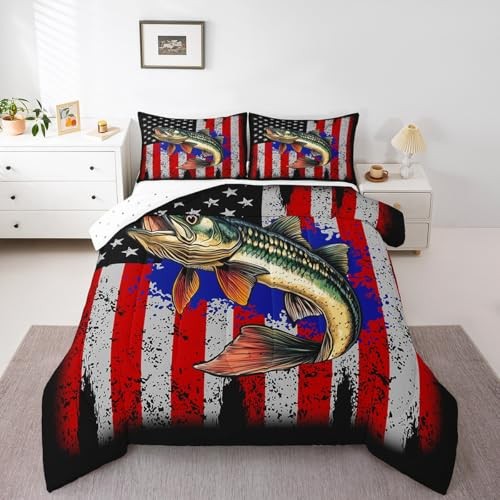 Bass Fish Comforter Sets Size for Boys Kids Teens,American Flag Fish Full Red - Picture 7 of 8