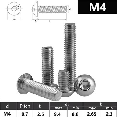 M4 (4mmØ) Edelstahl A2 Linsenkopf Innensechskant DIN 7380 Schrauben Maschine