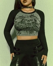 Romwe Grunge Punk Women's S US 4 Crop Top Skulls Roses Colorblock Raglan Sleeves