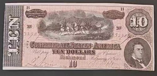 1864 $10 Confederate States Of America W/confederate Poem  UNC-CU Details  - Afbeelding 1 van 4