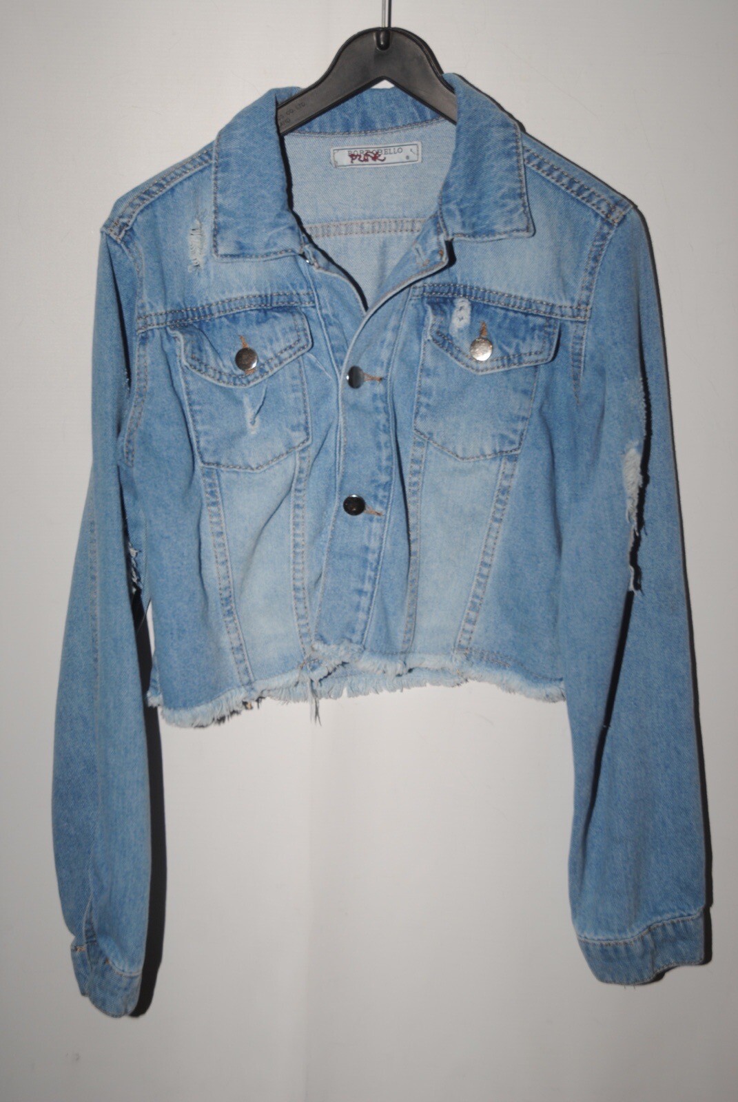 Portobello Punk Ladies Blue Cropped Distressed Jean Jacket Uk Size 8 eBay