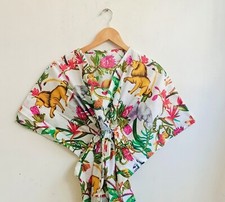 Indian Cotton White Animals Print Kaftan Women's Clothing Kaftan Night Maxi Gown