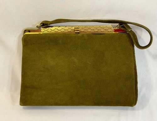 VINTAGE OLIVE GREEN VELVET EVENING PURSE HANDBAG GOLD CLASP CLUTCH 11" X 7" - Picture 3 of 7
