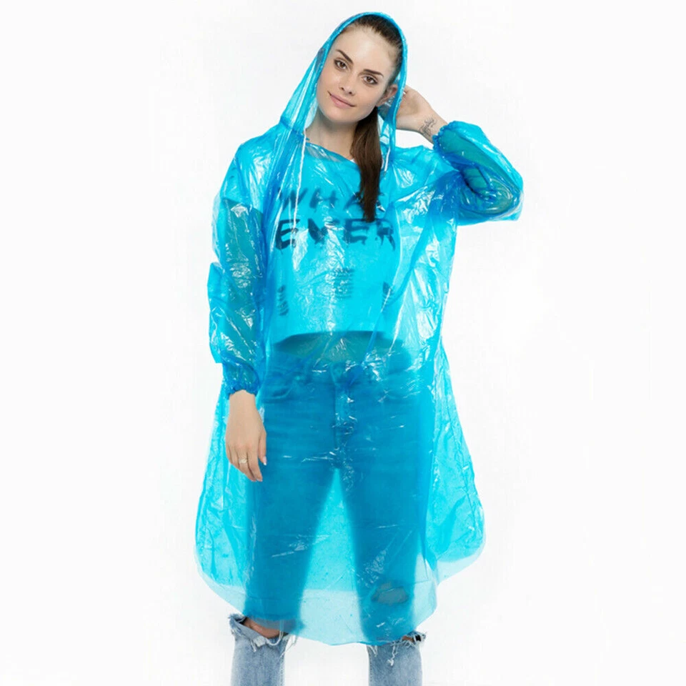 5x Desechable Capucha PE Impermeable Poncho Plástico Impermeable Prendas para Lluvia Sudadera con Capucha Viaje Foto 3 de 4