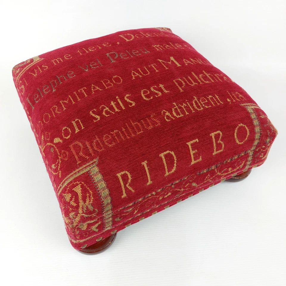 Vtg Burgundy Latin Tapestry Pouf Footrest - 80s French Style Red Ottoman - Image 2 of 4