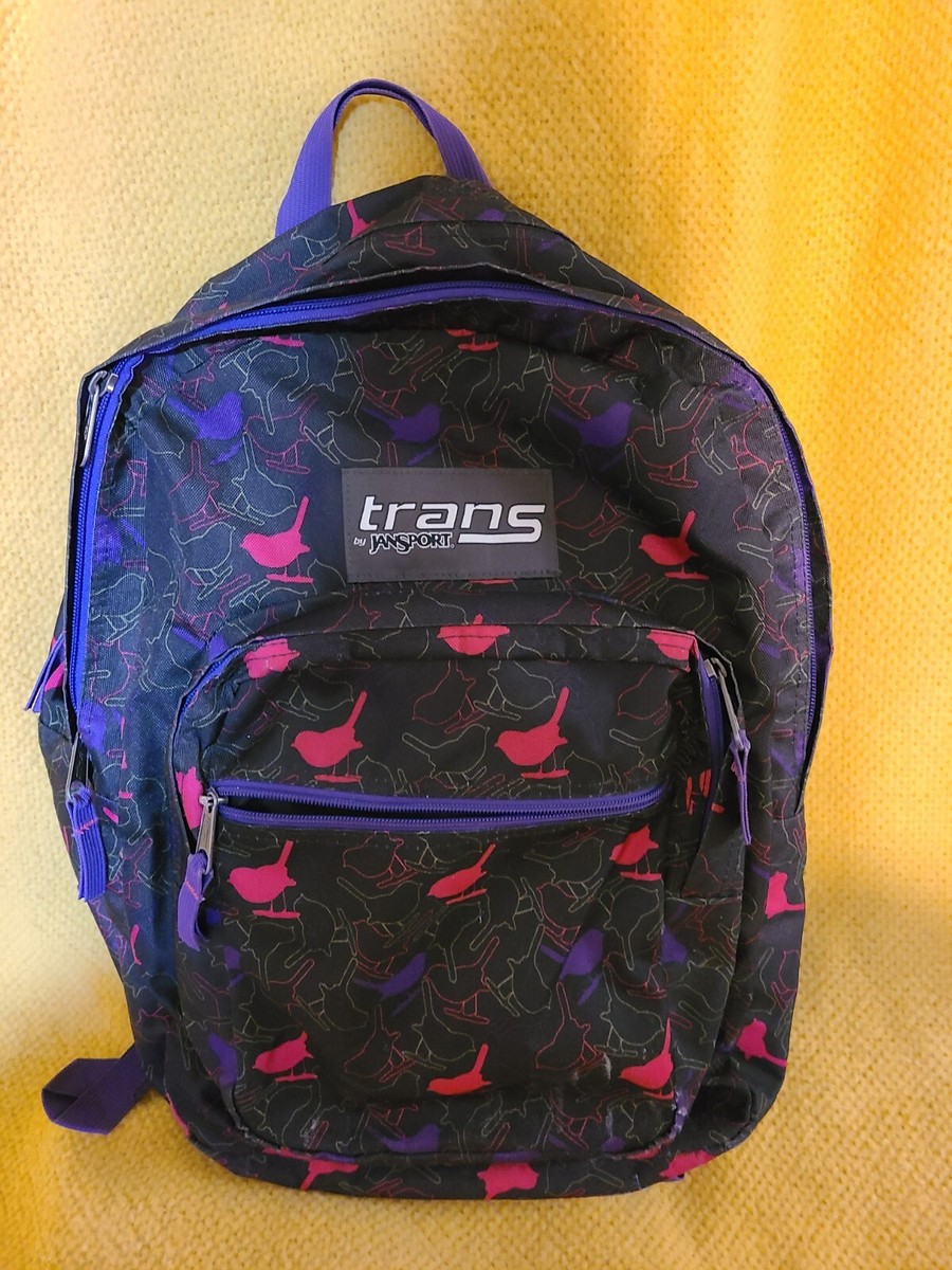 Jansport Trans Backpack Black With Purple Trim And Pink Birds