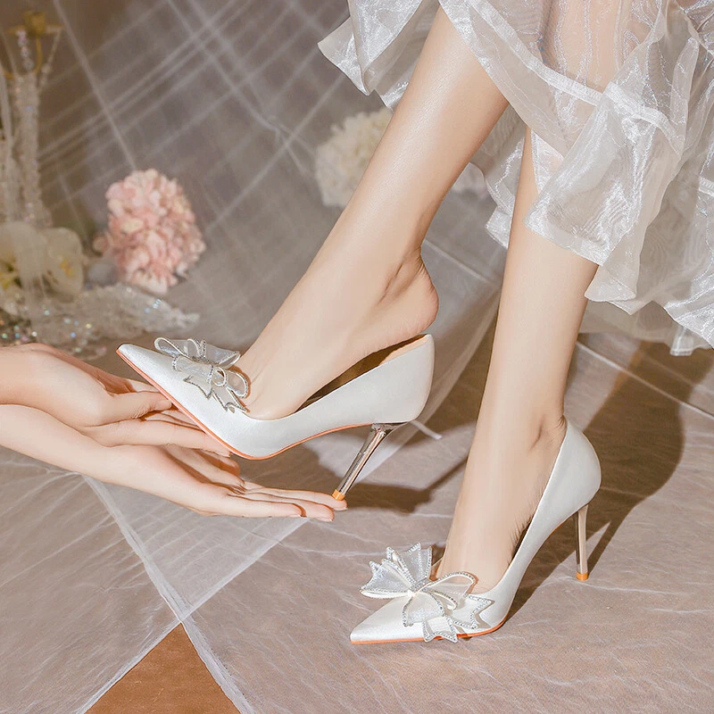 Women Wedding Shoes Pointy Toe Mid Heels Satin Bridal Shoes White Champagne | eBay