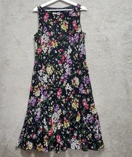 Chaps A-Line Dress Womens 16 Multi Black Floral Boat Neck Sleeveless Cottagecore