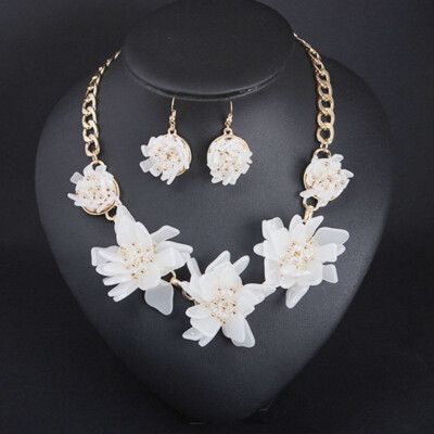Women Resin Flower Choker Necklace Earrings Jewelry Set Statement