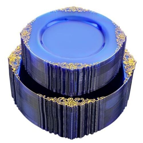102PCS Plastic Plates - Royal Gold Disposable Plates - Clear Party Plates Blue