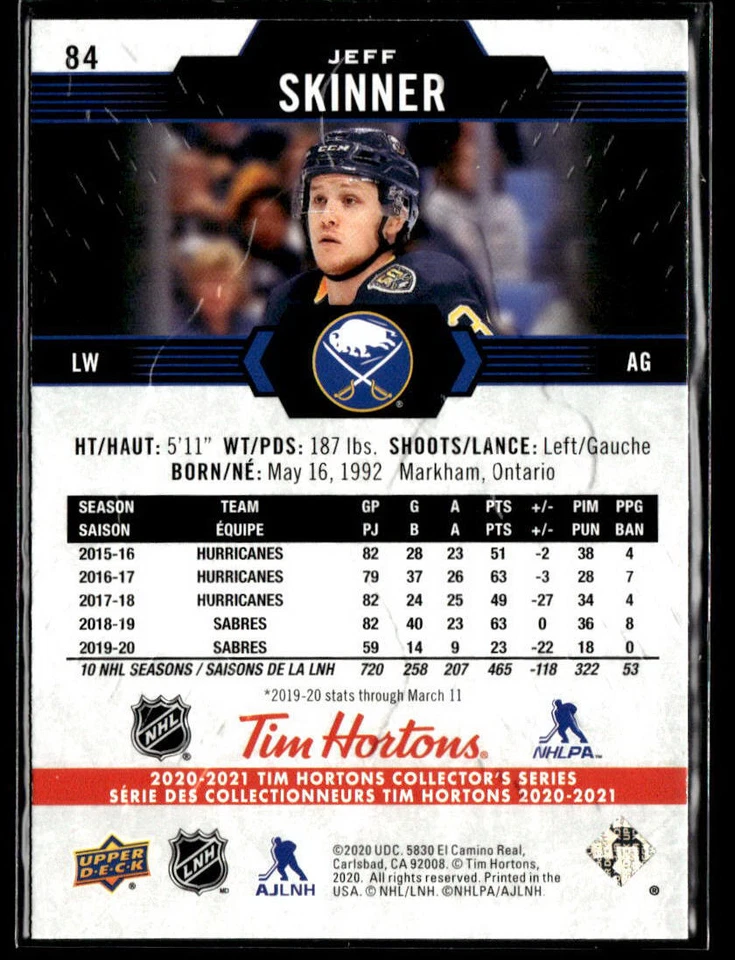 2020-21 Upper Deck Tim Hortons #84 Jeff Skinner Buffalo Sabres Hockey Card - Image 2 of 2