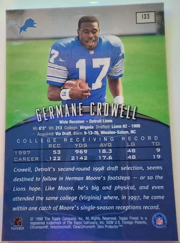 1998 Finest Germane Crowell Rookie Detroit Lions #133 - Image 2 of 2