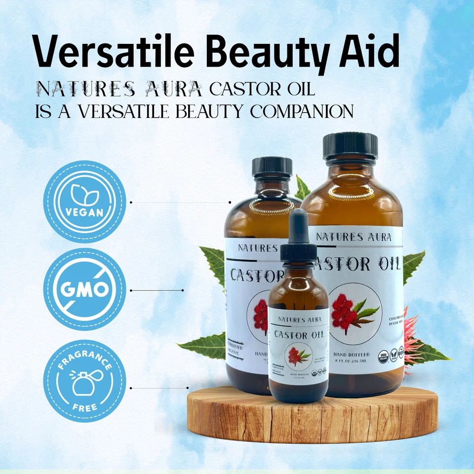 Aceite de ricino orgánico Natures Aura - vidrio (2 oz) | prensado en frío, sin hexano, USDA Foto 4 de 4