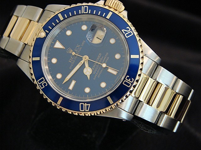 Rolex Submariner Date 18k Yellow Gold Steel Watch Blue Dial Bezel Sub  16613