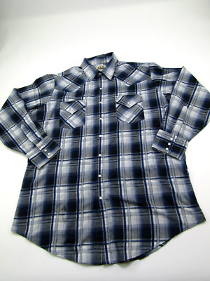 Ely Cattleman Shirt Mens Medium Blue Plaid Pearl Snap Western Cowboy Ranchwear