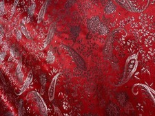 Red  Silver Paisley Floral- Faux Silk Brocade Jacquard Fabric