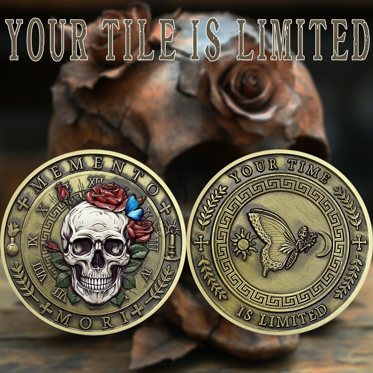 Rose Skull Memento Mori Coin Carpe Diem Coin Stoic Memento Vivere 