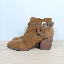 Crown Vintage Tan Brown Leather Block Heel Ankle Boots with Buckle Strap