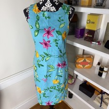 Vtg Talbots Sleeveless Fully Lined Linen Aqua Vibrant Tropical Floral Dress 6