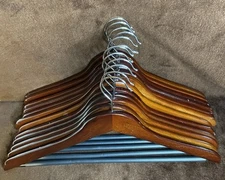 Wooden Clothes Hangers Set Of 12 W/ Non Slip Rubber Bar Cherry Swivel Hooks