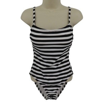 Kona Sol Women Small Black White Stripe One Piece Medium Coverage Swimsuit NEW