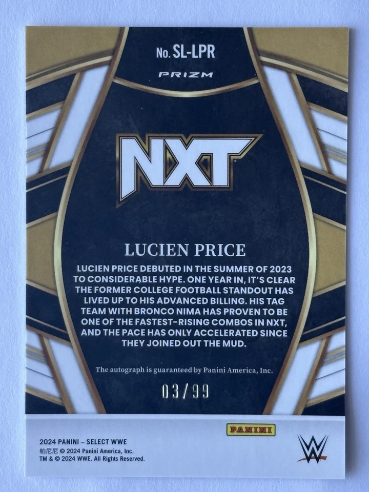 2024 Panini Select WWE Lucien Price /99 Rookie Red Auto Signature NXT RC - Image 2 of 3