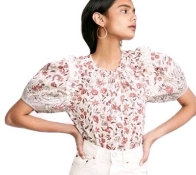 Ulla Johnson Arbor Ruffled Puff Sleeve Top Cream Floral Print Cotton Size 0 New