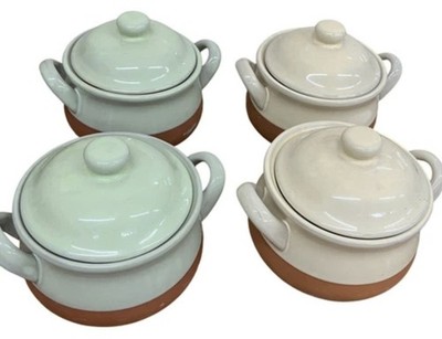 Französische Zwiebel Suppe Terrakotta Schalen 4er Set Vintage Deckelschalen mit Deckel Neu