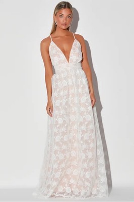 Lulus Ivywood White and Beige Embroidered Lace Backless Maxi Wedding Dress XS