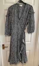 Monsoon Dalia Frill Midi Wrap Dress Size UK 16 Black & White Floral Ditsy