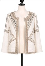 Chico's Vintage Ivory Beaded Embellished Linen Blend Jacket Size 1