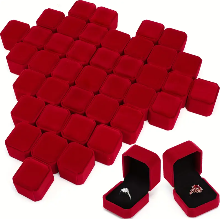 48 Pieces Lot Of Velvet Ring Boxes Bulk for Jewelry Display Wedding Red