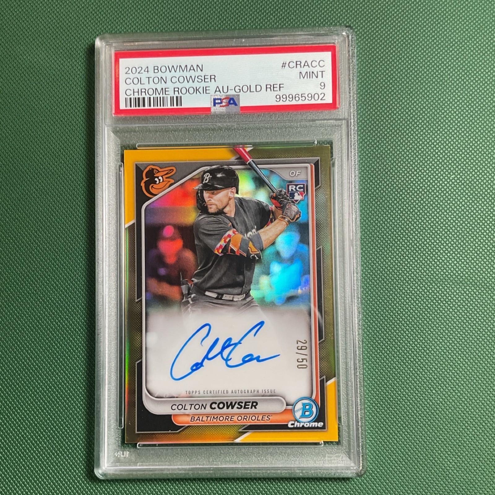 Topps 2024 Bowman Chrome Colton Cowser Gold Refractor Auto RC #CRA-CC /50 PSA 9