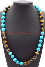 Natural 8mm Yellow Tiger's Eye Blue Turquoise Round Gems Beads Necklace 16-36in