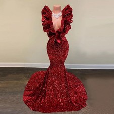 Sparkly Evening Dresses Deep V-neck Mermaid Ruffles Burgundy Sequin Prom Gowns