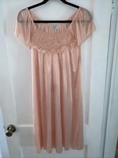 Lati Fashion Intimates Peach Satin Nightgown Sz L Rosette Neck Sleepwear Vintage