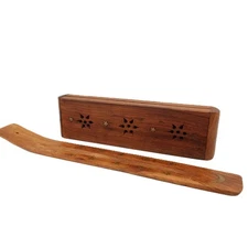 Wooden Incense Burner Box and Stick Holder Ash Catcher Brass Moon Stars Inlay