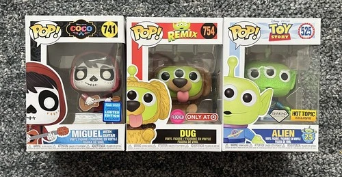 Funko Disney (x3) Toy Story Alien 525 (HT) Coco Miguel 741 (LE) & Remix Dug 754