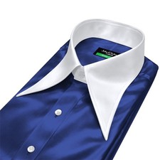 Men 70s Extra Long Spread Collar Shirt Navy Blue Shiny Satin Retro Stage Costume