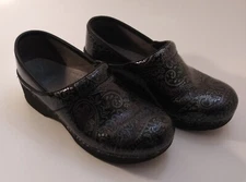 Dansko Clogs Women 7 EU 38 Black Silver Paisley Pattern Blue Purple Tint Leather