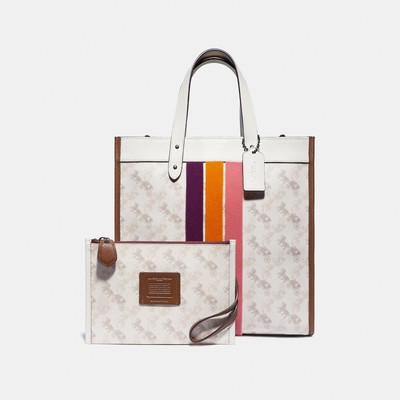 coach field tote 40 with horse and carriage print and varsity stripe