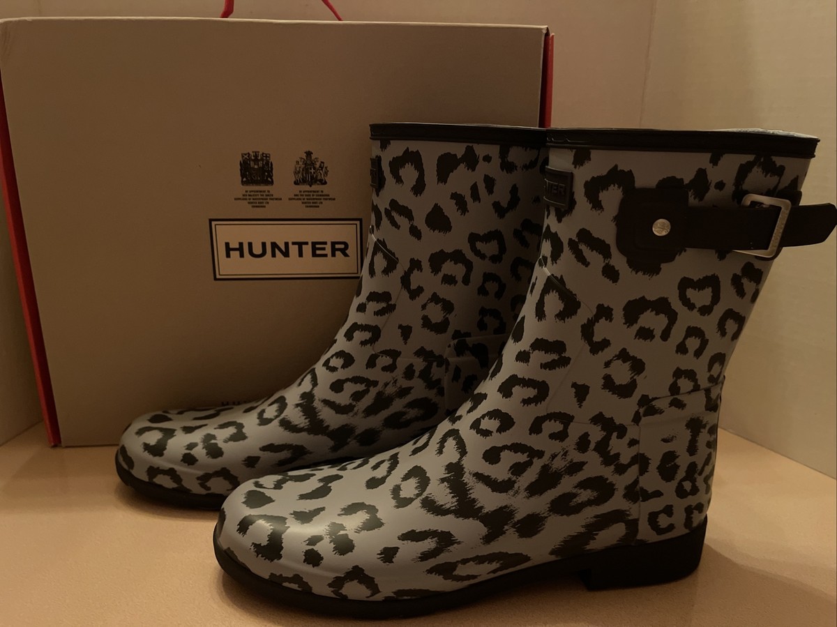 Hunter Refined Short Hybrid Leopard Animal Luna Stormy Gray Rubber Rain  Boot 11